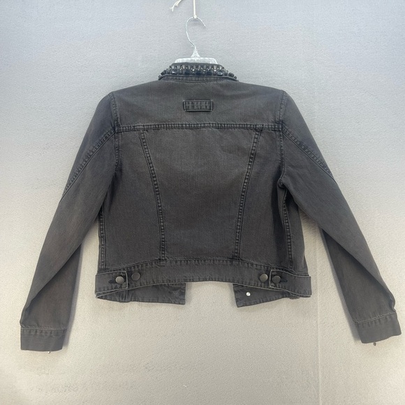 CAbi Jeans Black Distressed Jean Jacket with Beaded Collar Women’s Size Medium - Picture 3 of 16